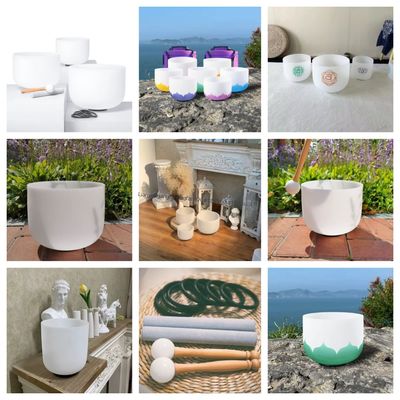 8-20 Inch 99,99% Kuarsa Crystal menyanyi mangkuk Set dalam transparan mutiara putih untuk penyembuhan suara dan meditasi